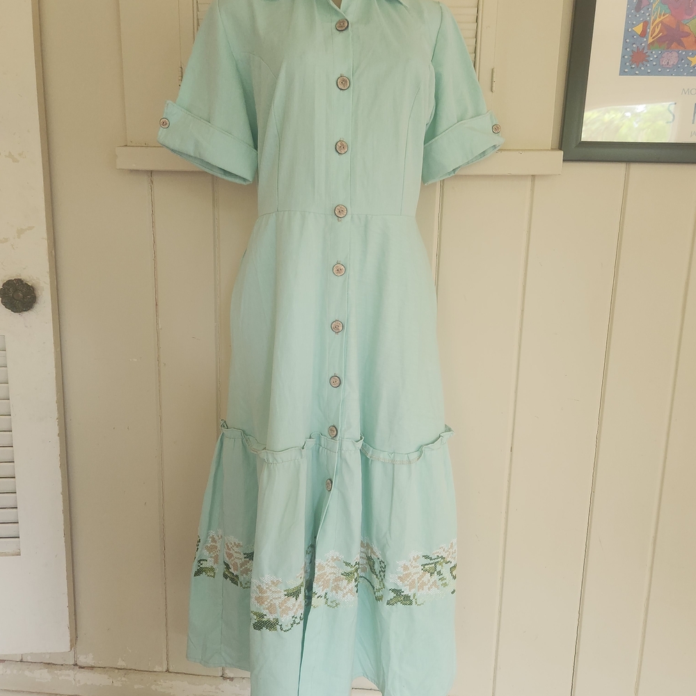 Margarita Mercantile Mexican Embroidered Chic Mint Green Button-Down Maxi Dress
